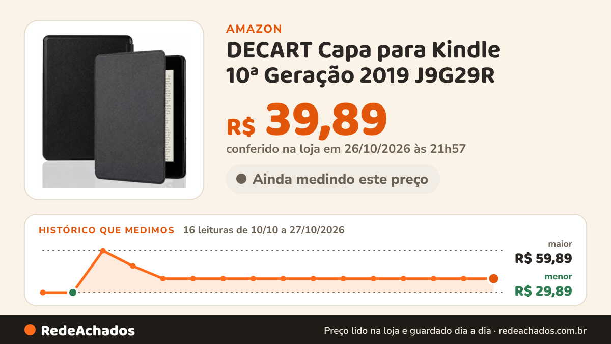 Histórico de preço de DECART Capa para Kindle 10ª Geração 2019 J9G29R - Preto na Amazon: 16 leituras de 10/10/2026 a 27/10/2026, menor R$ 29,89, maior R$ 59,89; R$ 39,89 conferido em 26/10/2026 às 21h57