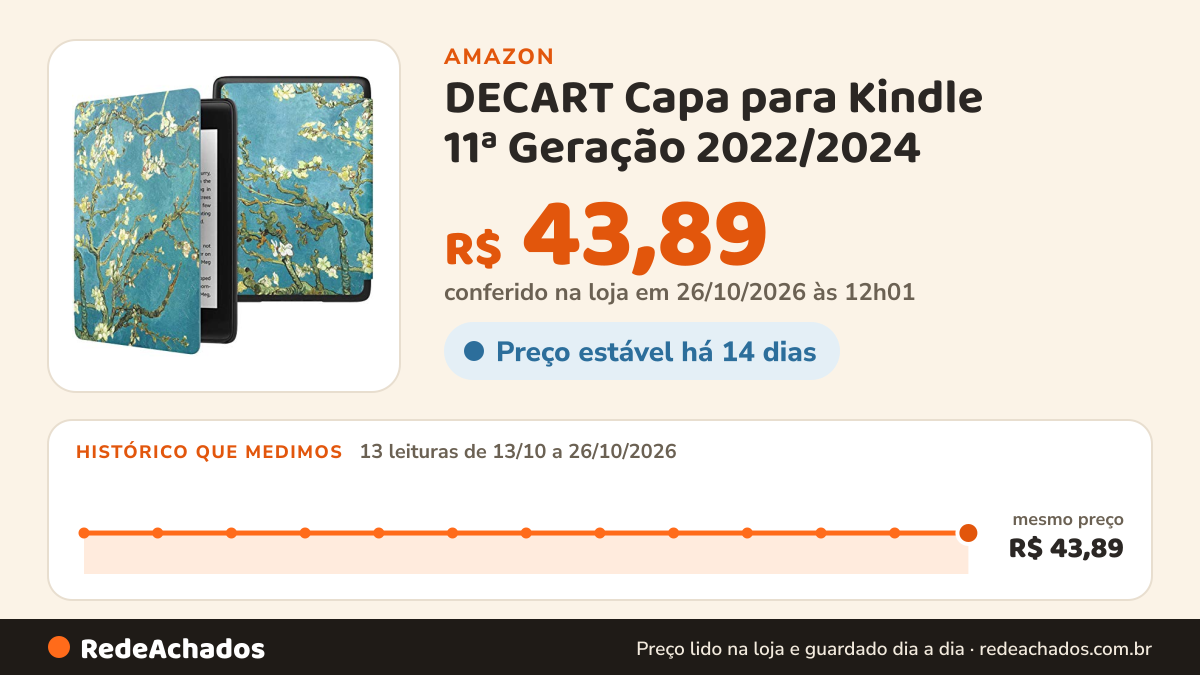 Histórico de preço de DECART Capa para Kindle 11ª Geração 2022/2024 (C2V2L3/RS23CV) Apricot na Amazon: 12 leituras de 13/10/2026 a 25/10/2026, mesmo preço, R$ 43,89, em todas; R$ 43,89 conferido em 25/10/2026 às 05h58