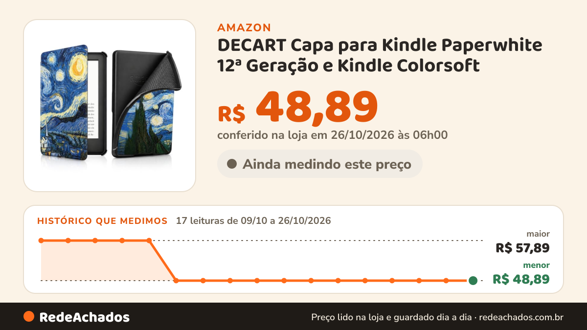 Histórico de preço de DECART Capa para Kindle Paperwhite 12ª Geração e Kindle Colorsoft - Noite na Amazon: 17 leituras de 09/10/2026 a 26/10/2026, menor R$ 48,89, maior R$ 57,89; R$ 48,89 conferido em 26/10/2026 às 06h00