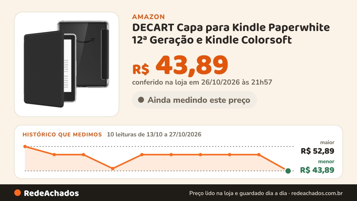 Histórico de preço de DECART Capa para Kindle Paperwhite 12ª Geração e Kindle Colorsoft - Preto na Amazon: 10 leituras de 13/10/2026 a 27/10/2026, menor R$ 43,89, maior R$ 52,89; R$ 43,89 conferido em 26/10/2026 às 21h57