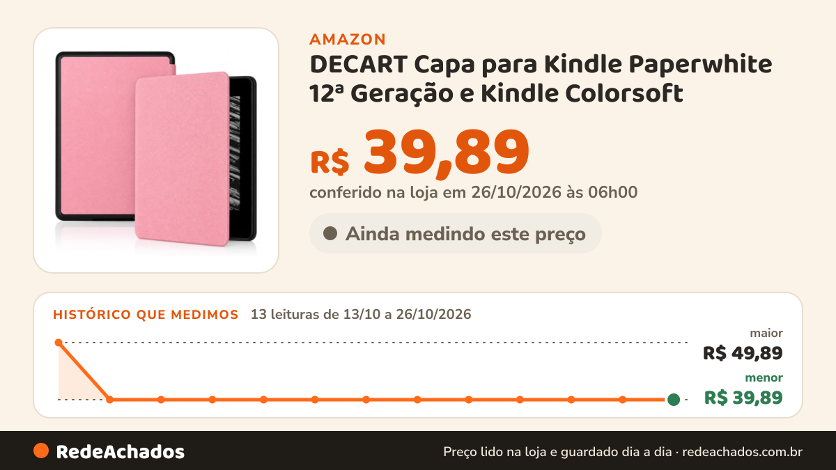 Histórico de preço de DECART Capa para Kindle Paperwhite 12ª Geração e Kindle Colorsoft - Rosa na Amazon: 13 leituras de 13/10/2026 a 26/10/2026, menor R$ 39,89, maior R$ 49,89; R$ 39,89 conferido em 26/10/2026 às 06h00