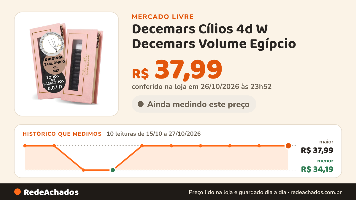 Histórico de preço de Decemars Cílios 4d W Decemars Volume Egípcio - Tam. Único | Mix no Mercado Livre: 10 leituras de 15/10/2026 a 27/10/2026, menor R$ 34,19, maior R$ 37,99; R$ 37,99 conferido em 26/10/2026 às 23h52