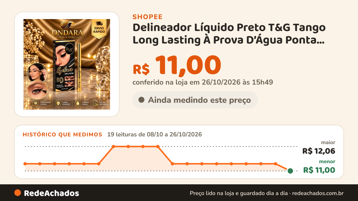 Histórico de preço de Delineador Líquido Preto T&G Tango Long Lasting À Prova D’Água Ponta Fina Traço Preciso… na Shopee: 19 leituras de 08/10/2026 a 26/10/2026, menor R$ 11,00, maior R$ 12,06; R$ 11,00 conferido em 26/10/2026 às 15h49