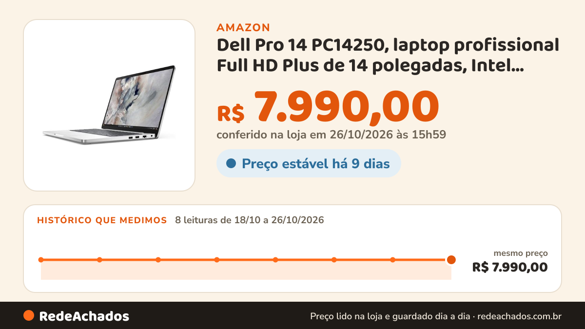 Histórico de preço de Dell Pro 14 PC14250, laptop profissional Full HD Plus de 14 polegadas, Intel Core Ultra 5… na Amazon: 8 leituras de 18/10/2026 a 26/10/2026, mesmo preço, R$ 7.990,00, em todas; R$ 7.990,00 conferido em 26/10/2026 às 15h59