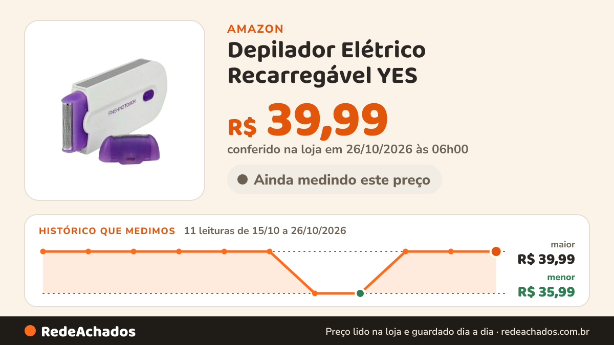 Histórico de preço de Depilador Elétrico Recarregável YES na Amazon: 11 leituras de 15/10/2026 a 26/10/2026, menor R$ 35,99, maior R$ 39,99; R$ 39,99 conferido em 26/10/2026 às 06h00