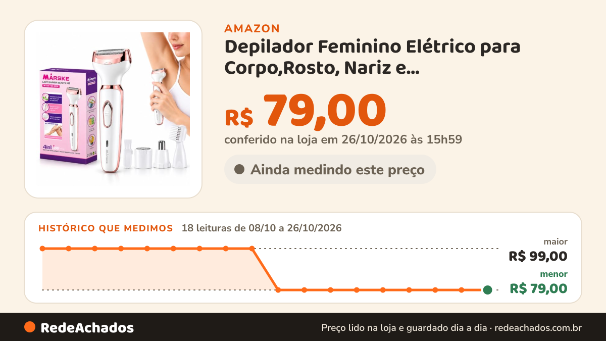 Histórico de preço de Depilador Feminino Elétrico para Corpo,Rosto, Nariz e Sobrancelhas,Portátil na Amazon: 18 leituras de 08/10/2026 a 26/10/2026, menor R$ 79,00, maior R$ 99,00; R$ 79,00 conferido em 26/10/2026 às 15h59