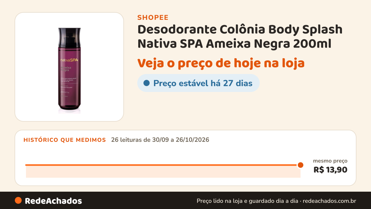 Histórico de preço de Desodorante Colônia Body Splash Nativa SPA Ameixa Negra 200ml na Shopee: 26 leituras de 30/09/2026 a 26/10/2026, mesmo preço, R$ 13,90, em todas; R$ 13,90 conferido em 26/10/2026 às 04h36