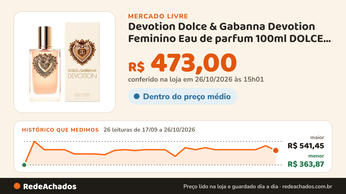 Histórico de preço de Devotion Dolce & Gabanna Devotion Feminino Eau de parfum 100ml DOLCE & GABBANA p no Mercado Livre: 26 leituras de 17/09/2026 a 26/10/2026, menor R$ 363,87, maior R$ 541,45; R$ 473,00 conferido em 26/10/2026 às 15h01