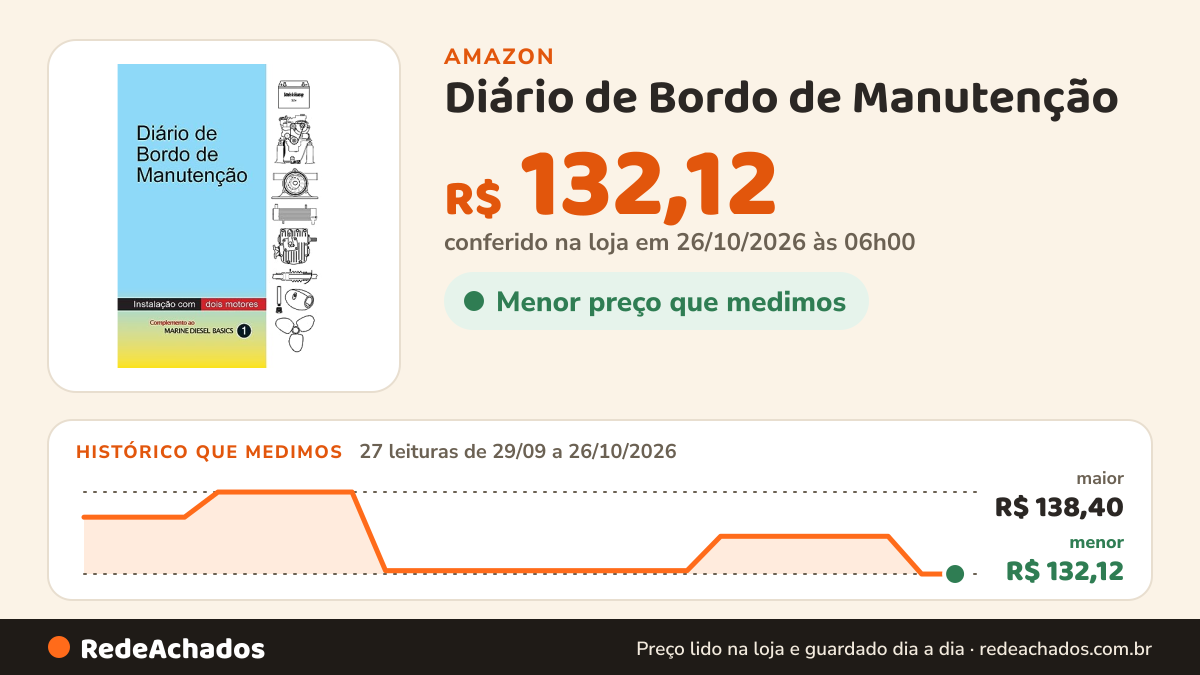 Histórico de preço de Diário de Bordo de Manutenção - instalaçao com dois motores diesel: Diário de Bordo de… na Amazon: 27 leituras de 29/09/2026 a 26/10/2026, menor R$ 132,12, maior R$ 138,40; R$ 132,12 conferido em 26/10/2026 às 06h00