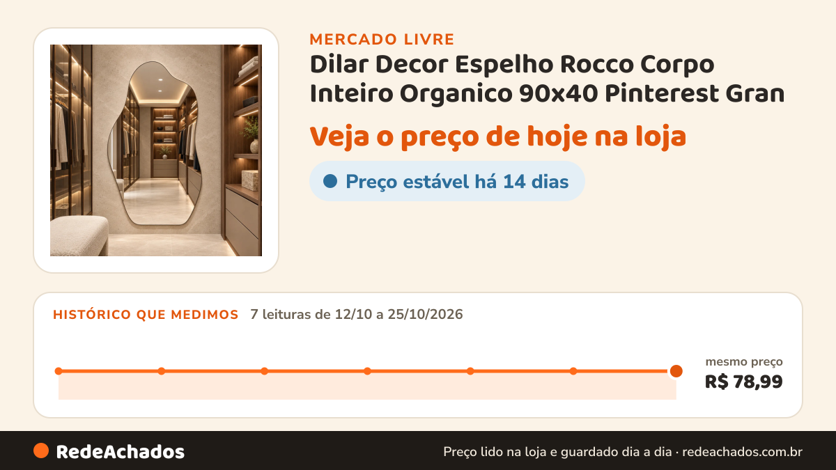 Histórico de preço de Dilar Decor Espelho Rocco Corpo Inteiro Organico 90x40 Pinterest Gran no Mercado Livre: 7 leituras de 12/10/2026 a 25/10/2026, mesmo preço, R$ 78,99, em todas