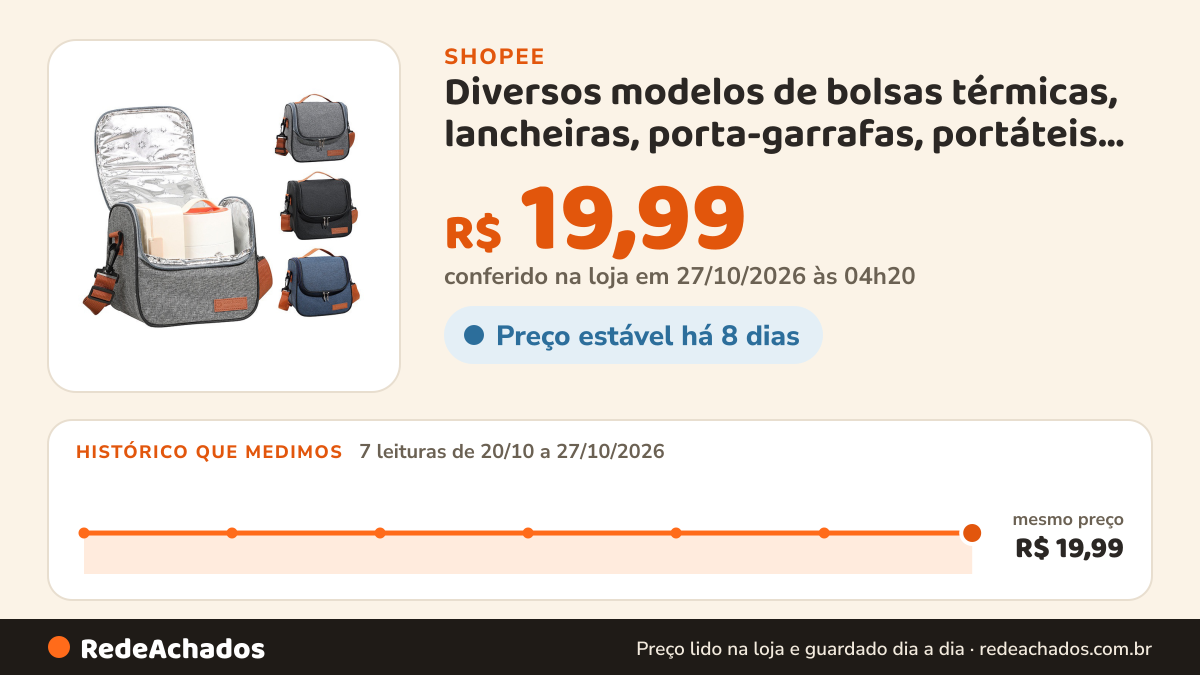 Histórico de preço de Diversos modelos de bolsas térmicas, lancheiras, porta-garrafas, portáteis, ideais para o… na Shopee: 7 leituras de 20/10/2026 a 27/10/2026, mesmo preço, R$ 19,99, em todas; R$ 19,99 conferido em 27/10/2026 às 04h20
