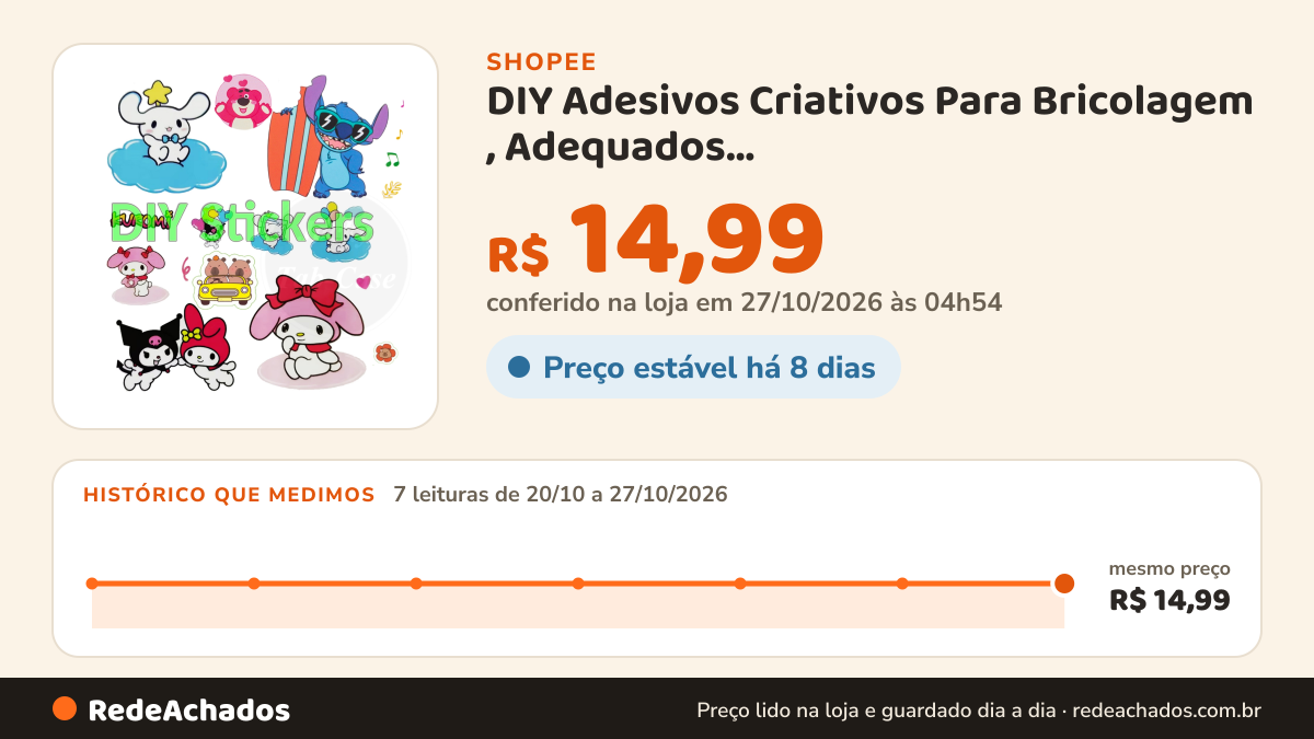 Histórico de preço de DIY Adesivos Criativos Para Bricolagem , Adequados Case/Cover/Books/Phones/Tablets/Cups na Shopee: 7 leituras de 20/10/2026 a 27/10/2026, mesmo preço, R$ 14,99, em todas; R$ 14,99 conferido em 27/10/2026 às 04h54