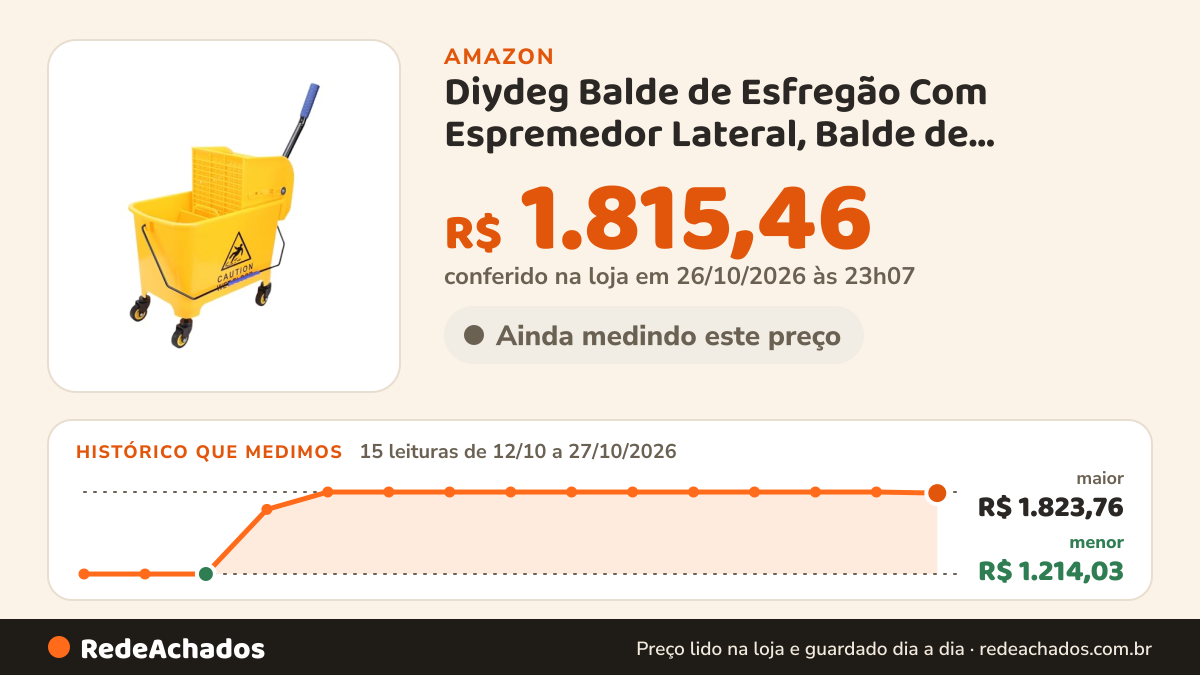 Histórico de preço de Diydeg Balde de Esfregão Com Espremedor Lateral, Balde de Esfregão Comercial de 20L para… na Amazon: 15 leituras de 12/10/2026 a 27/10/2026, menor R$ 1.214,03, maior R$ 1.823,76; R$ 1.815,46 conferido em 26/10/2026 às 23h07