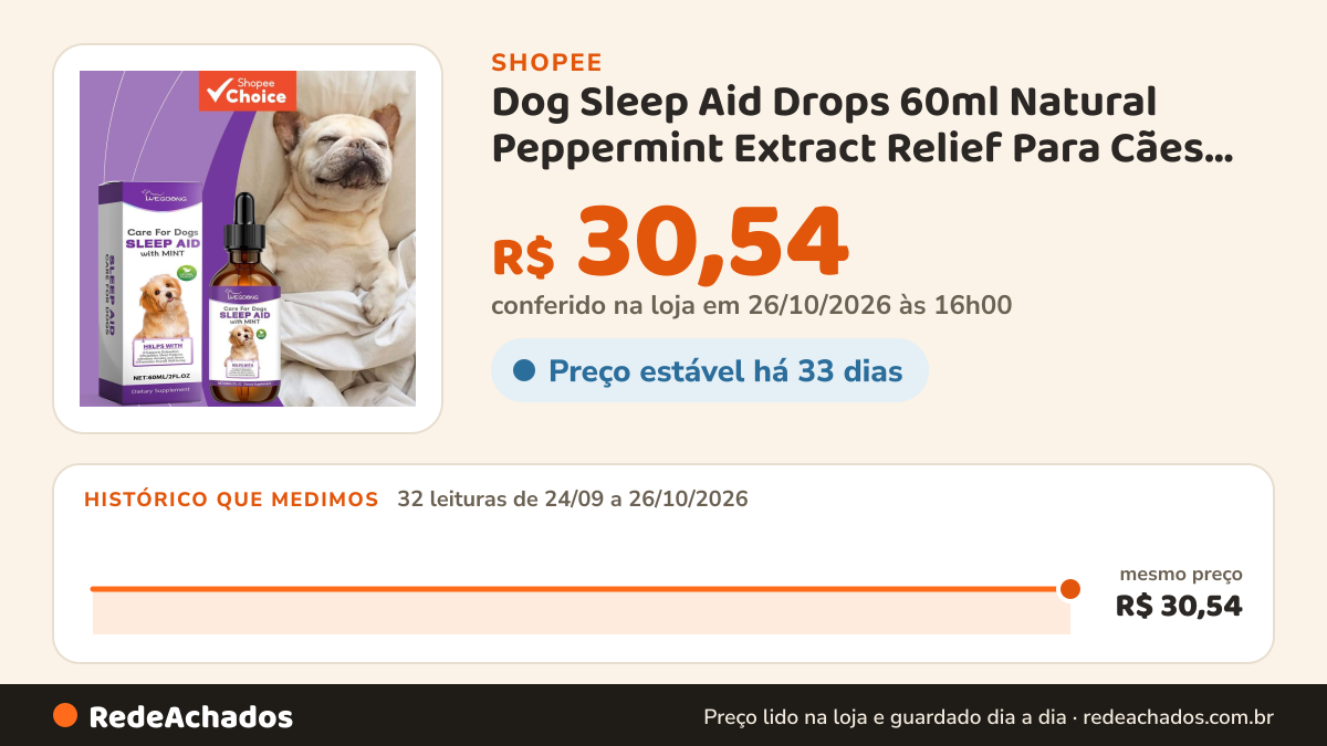 Histórico de preço de Dog Sleep Aid Drops 60ml Natural Peppermint Extract Relief Para Cães Ansiosos , sikat kutu… na Shopee: 32 leituras de 24/09/2026 a 26/10/2026, mesmo preço, R$ 30,54, em todas; R$ 30,54 conferido em 26/10/2026 às 16h00