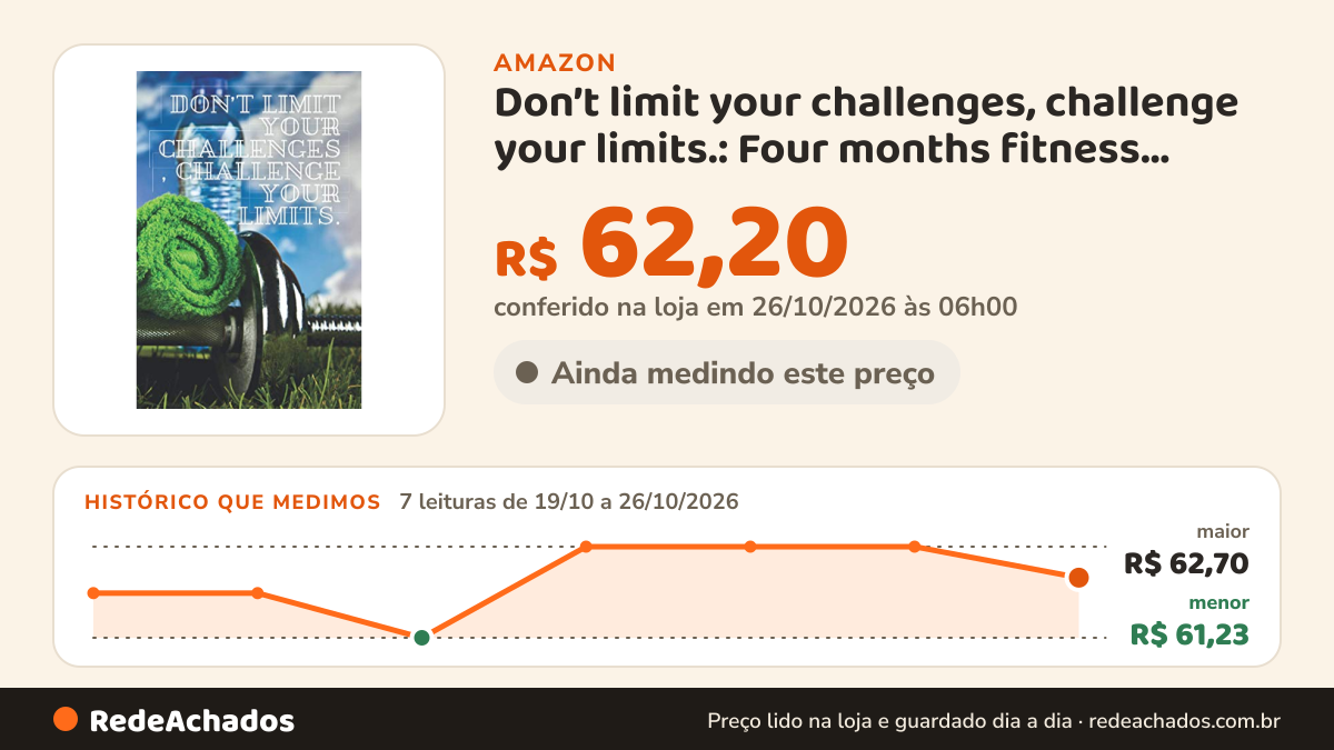Histórico de preço de Don’t limit your challenges, challenge your limits.: Four months fitness logbook,Training… na Amazon: 7 leituras de 19/10/2026 a 26/10/2026, menor R$ 61,23, maior R$ 62,70; R$ 62,20 conferido em 26/10/2026 às 06h00
