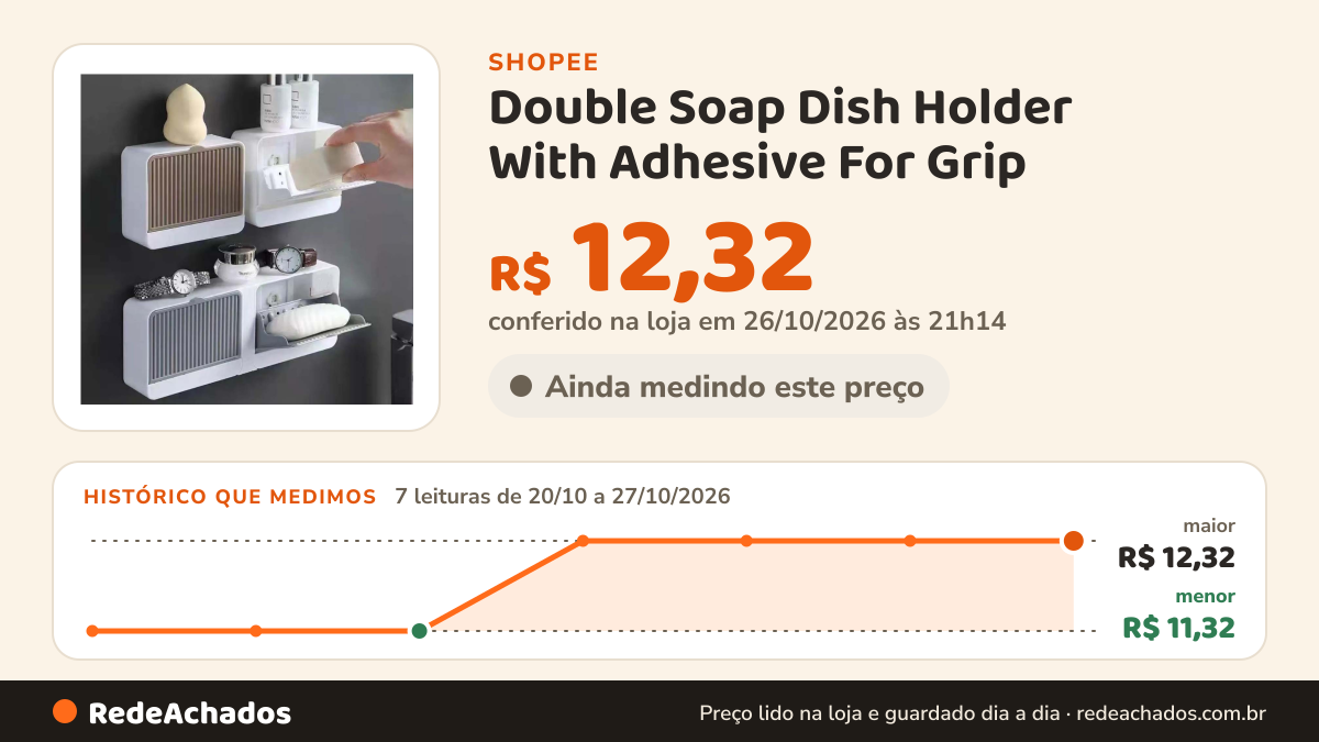 Histórico de preço de Double Soap Dish Holder With Adhesive For Grip - fácil de instalar e muito prática na Shopee: 7 leituras de 20/10/2026 a 27/10/2026, menor R$ 11,32, maior R$ 12,32; R$ 12,32 conferido em 26/10/2026 às 21h14