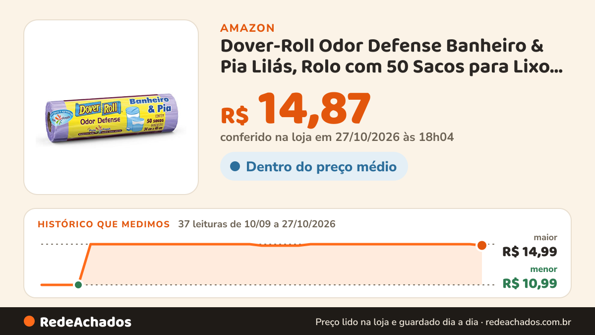 Histórico de preço de Dover-Roll Odor Defense Banheiro & Pia Lilás, Rolo com 50 Sacos para Lixo Pure Fresh na Amazon: 36 leituras de 10/09/2026 a 26/10/2026, menor R$ 10,99, maior R$ 14,99; R$ 14,99 conferido em 26/10/2026 às 12h01