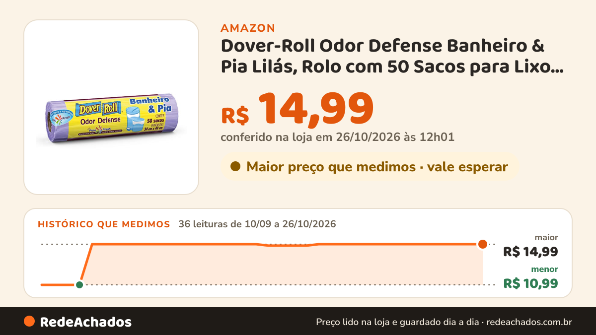 Histórico de preço de Dover-Roll Odor Defense Banheiro & Pia Lilás, Rolo com 50 Sacos para Lixo Pure Fresh na Amazon: 36 leituras de 10/09/2026 a 26/10/2026, menor R$ 10,99, maior R$ 14,99; R$ 14,99 conferido em 26/10/2026 às 12h01