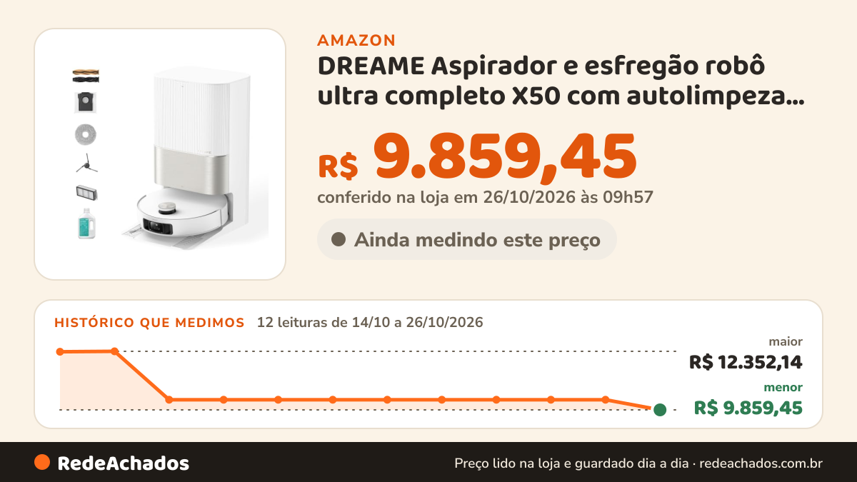 Histórico de preço de DREAME Aspirador e esfregão robô ultra completo X50 com autolimpeza e esvaziamento… na Amazon: 12 leituras de 14/10/2026 a 26/10/2026, menor R$ 9.859,45, maior R$ 12.352,14; R$ 9.859,45 conferido em 26/10/2026 às 09h57
