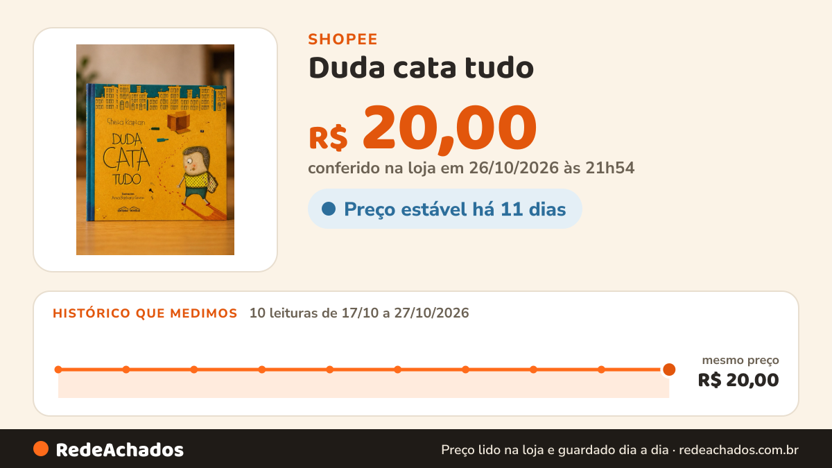 Histórico de preço de Duda cata tudo - Sheila Kaplan - ilustrações Anna Bárbara Simonin na Shopee: 10 leituras de 17/10/2026 a 27/10/2026, mesmo preço, R$ 20,00, em todas; R$ 20,00 conferido em 26/10/2026 às 21h54