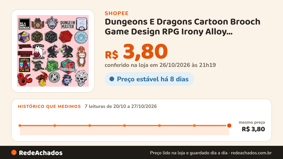 Histórico de preço de Dungeons E Dragons Cartoon Brooch Game Design RPG Irony Alloy Decoração Acessórios Para… na Shopee: 7 leituras de 20/10/2026 a 27/10/2026, mesmo preço, R$ 3,80, em todas; R$ 3,80 conferido em 26/10/2026 às 21h19