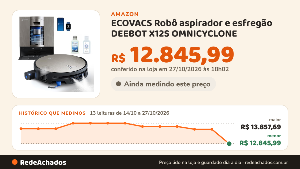 Histórico de preço de ECOVACS Robô aspirador e esfregão DEEBOT X12S OMNICYCLONE na Amazon: 12 leituras de 14/10/2026 a 26/10/2026, menor R$ 13.558,32, maior R$ 13.857,69; R$ 13.558,32 conferido em 26/10/2026 às 09h57