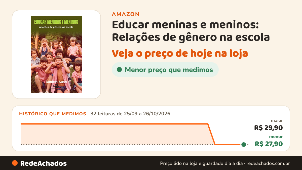 Histórico de preço de Educar meninas e meninos: Relações de gênero na escola na Amazon: 32 leituras de 25/09/2026 a 26/10/2026, menor R$ 27,90, maior R$ 29,90