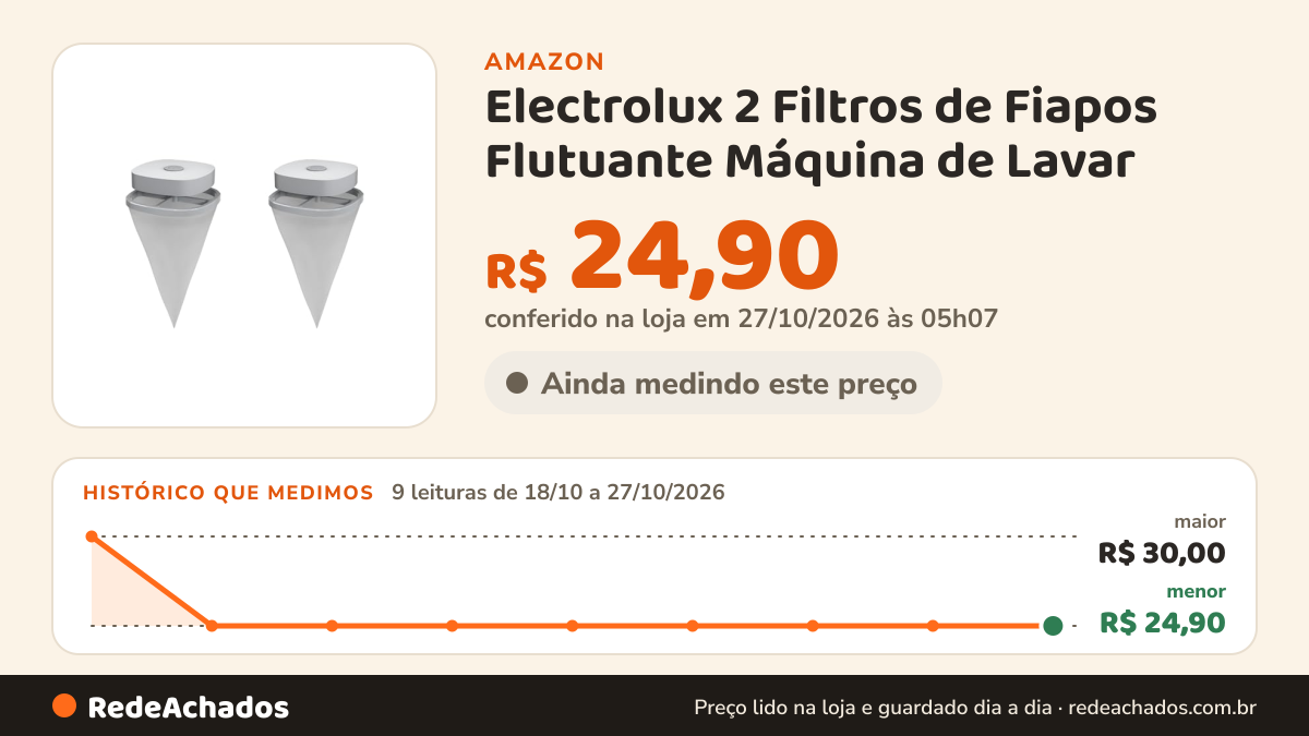 Histórico de preço de Electrolux 2 Filtros de Fiapos Flutuante Máquina de Lavar na Amazon: 9 leituras de 18/10/2026 a 27/10/2026, menor R$ 24,90, maior R$ 30,00; R$ 24,90 conferido em 27/10/2026 às 05h07
