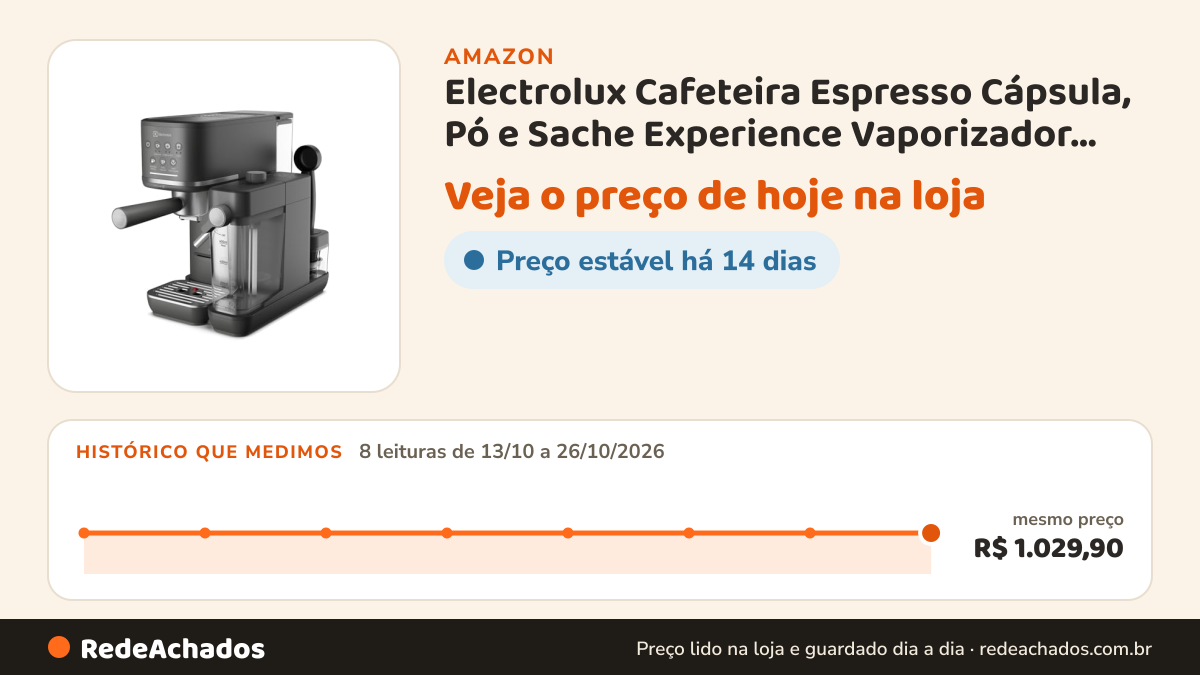 Histórico de preço de Electrolux Cafeteira Espresso Cápsula, Pó e Sache Experience Vaporizador de Leite Preta… na Amazon: 8 leituras de 13/10/2026 a 26/10/2026, mesmo preço, R$ 1.029,90, em todas; R$ 1.029,90 conferido em 26/10/2026 às 09h57