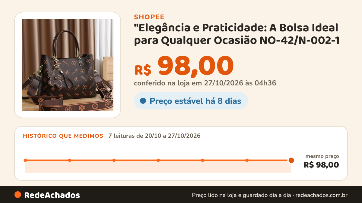Histórico de preço de "Elegância e Praticidade: A Bolsa Ideal para Qualquer Ocasião NO-42/N-002-1 na Shopee: 7 leituras de 20/10/2026 a 27/10/2026, mesmo preço, R$ 98,00, em todas; R$ 98,00 conferido em 27/10/2026 às 04h36