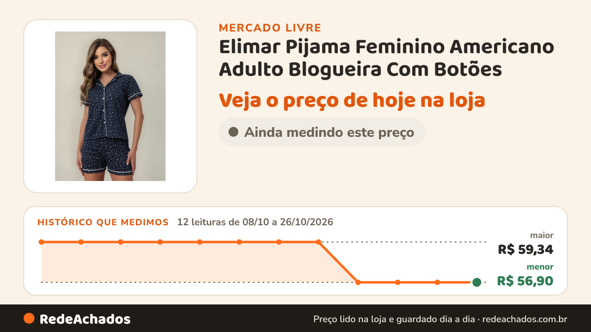 Histórico de preço de Elimar Pijama Feminino Americano Adulto Blogueira Com Botões no Mercado Livre: 12 leituras de 08/10/2026 a 26/10/2026, menor R$ 56,90, maior R$ 59,34