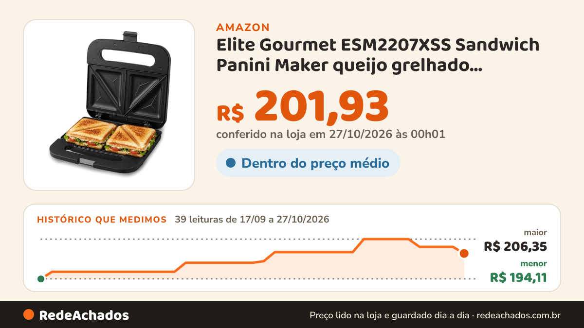 Histórico de preço de Elite Gourmet ESM2207XSS Sandwich Panini Maker queijo grelhado, tortilhas de atum… na Amazon: 39 leituras de 17/09/2026 a 27/10/2026, menor R$ 194,11, maior R$ 206,35; R$ 201,93 conferido em 27/10/2026 às 00h01