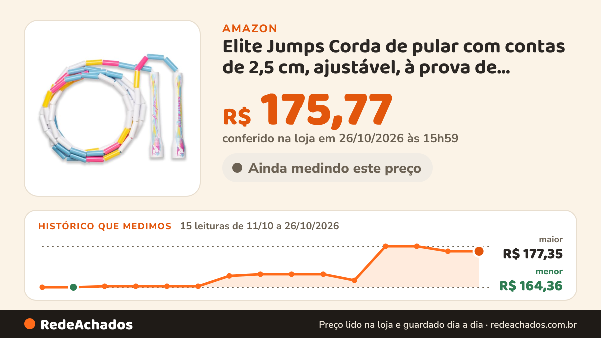 Histórico de preço de Elite Jumps Corda de pular com contas de 2,5 cm, ajustável, à prova de estilhaçamento… na Amazon: 15 leituras de 11/10/2026 a 26/10/2026, menor R$ 164,36, maior R$ 177,35; R$ 175,77 conferido em 26/10/2026 às 15h59
