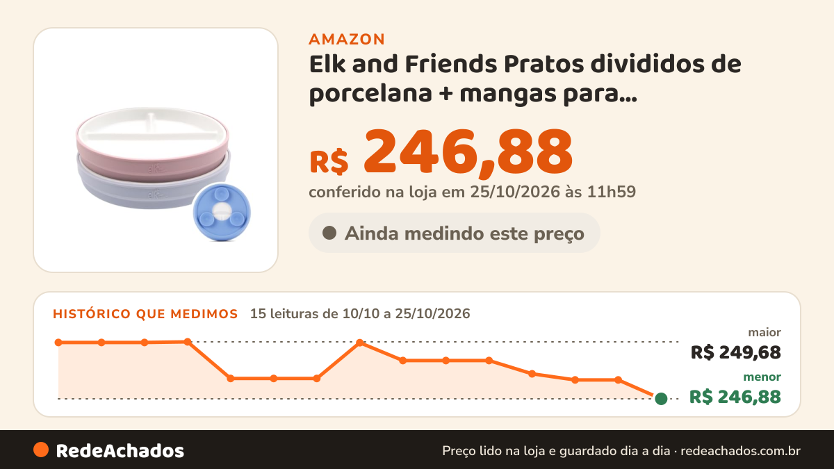 Histórico de preço de Elk and Friends Pratos divididos de porcelana + mangas para bebês/crianças na Amazon: 15 leituras de 10/10/2026 a 25/10/2026, menor R$ 246,88, maior R$ 249,68; R$ 246,88 conferido em 25/10/2026 às 11h59