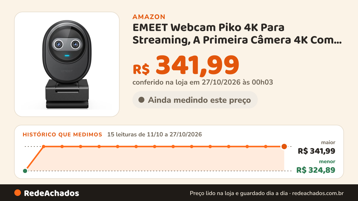 Histórico de preço de EMEET Webcam Piko 4K Para Streaming, A Primeira Câmera 4K Com Câmera Dupla Do Mundo, Com… na Amazon: 15 leituras de 11/10/2026 a 27/10/2026, menor R$ 324,89, maior R$ 341,99; R$ 341,99 conferido em 27/10/2026 às 00h03