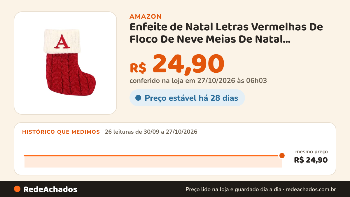 Histórico de preço de Enfeite de Natal Letras Vermelhas De Floco De Neve Meias De Natal Pingentes De árvore De… na Amazon: 25 leituras de 30/09/2026 a 25/10/2026, mesmo preço, R$ 24,90, em todas