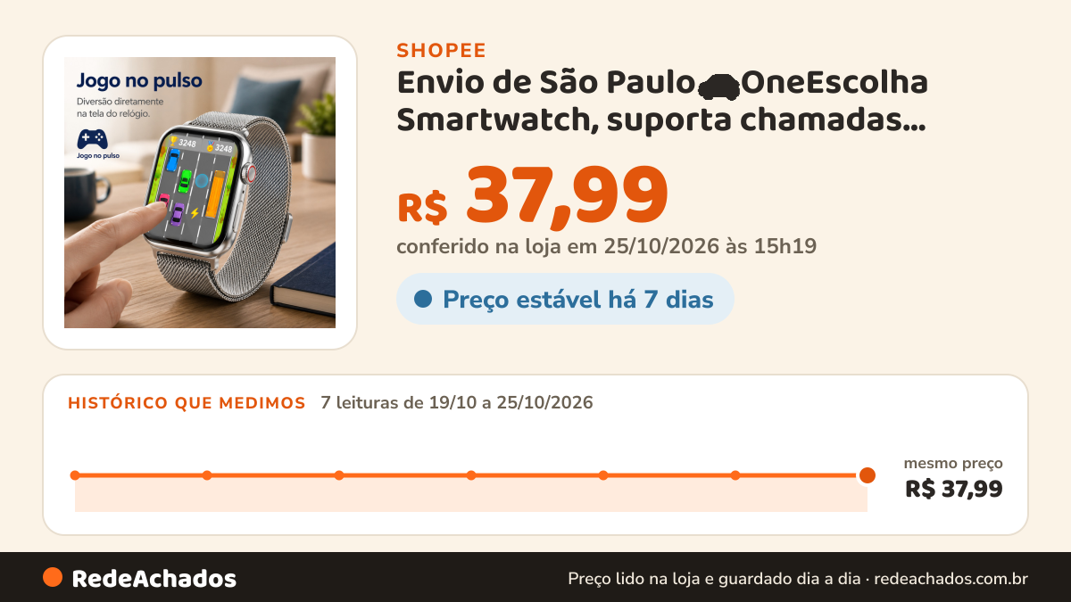 Histórico de preço de Envio de São Paulo🚗OneEscolha Smartwatch, suporta chamadas Bluetooth, notificações, música… na Shopee: 7 leituras de 19/10/2026 a 25/10/2026, mesmo preço, R$ 37,99, em todas; R$ 37,99 conferido em 25/10/2026 às 15h19