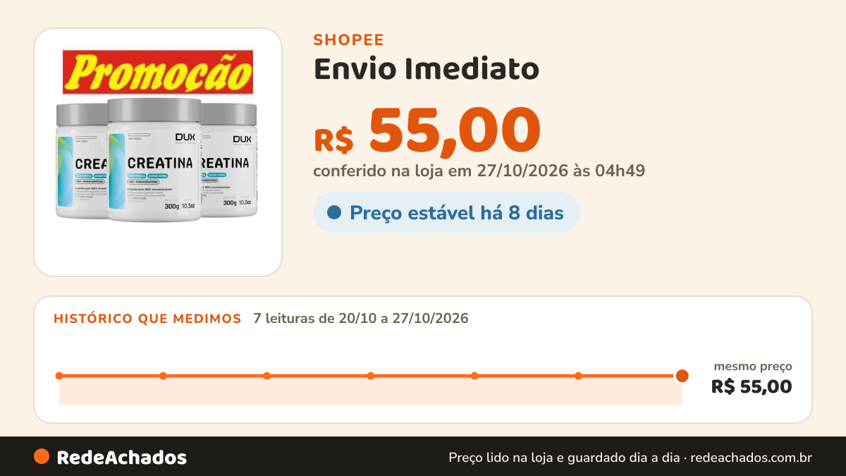 Histórico de preço de Envio Imediato - Creatina Dux n Monohidratada 300g - 100% ORIGINAL na Shopee: 7 leituras de 20/10/2026 a 27/10/2026, mesmo preço, R$ 55,00, em todas; R$ 55,00 conferido em 27/10/2026 às 04h49