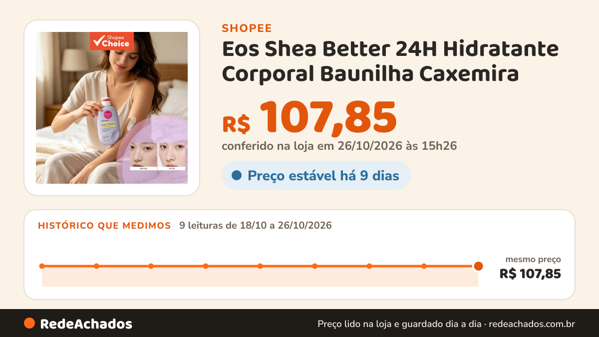 Histórico de preço de Eos Shea Better 24H Hidratante Corporal Baunilha Caxemira | Loção Hidratante Para Pele… na Shopee: 9 leituras de 18/10/2026 a 26/10/2026, mesmo preço, R$ 107,85, em todas; R$ 107,85 conferido em 26/10/2026 às 15h26