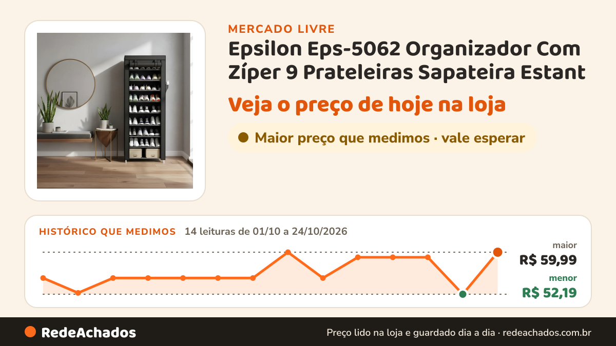 Histórico de preço de Epsilon Eps-5062 Organizador Com Zíper 9 Prateleiras Sapateira Estant no Mercado Livre: 14 leituras de 01/10/2026 a 24/10/2026, menor R$ 52,19, maior R$ 59,99