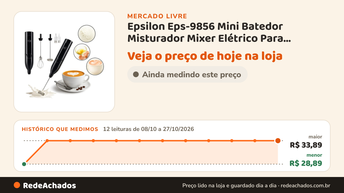 Histórico de preço de Epsilon Eps-9856 Mini Batedor Misturador Mixer Elétrico Para Bebidas Leite Café C no Mercado Livre: 11 leituras de 08/10/2026 a 25/10/2026, menor R$ 28,89, maior R$ 33,89
