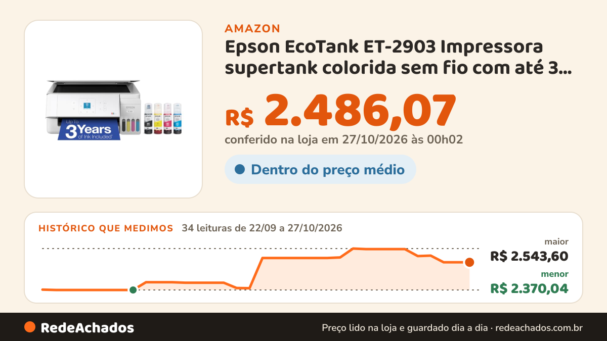 Histórico de preço de Epson EcoTank ET-2903 Impressora supertank colorida sem fio com até 3 anos de tinta… na Amazon: 34 leituras de 22/09/2026 a 27/10/2026, menor R$ 2.370,04, maior R$ 2.543,60; R$ 2.486,07 conferido em 27/10/2026 às 00h02