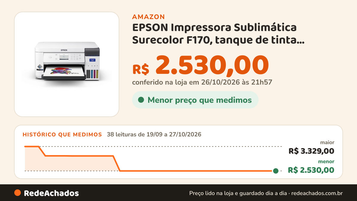 Histórico de preço de EPSON Impressora Sublimática Surecolor F170, tanque de tinta colorida - USB, A4, Branca… na Amazon: 38 leituras de 19/09/2026 a 27/10/2026, menor R$ 2.530,00, maior R$ 3.329,00; R$ 2.530,00 conferido em 26/10/2026 às 21h57