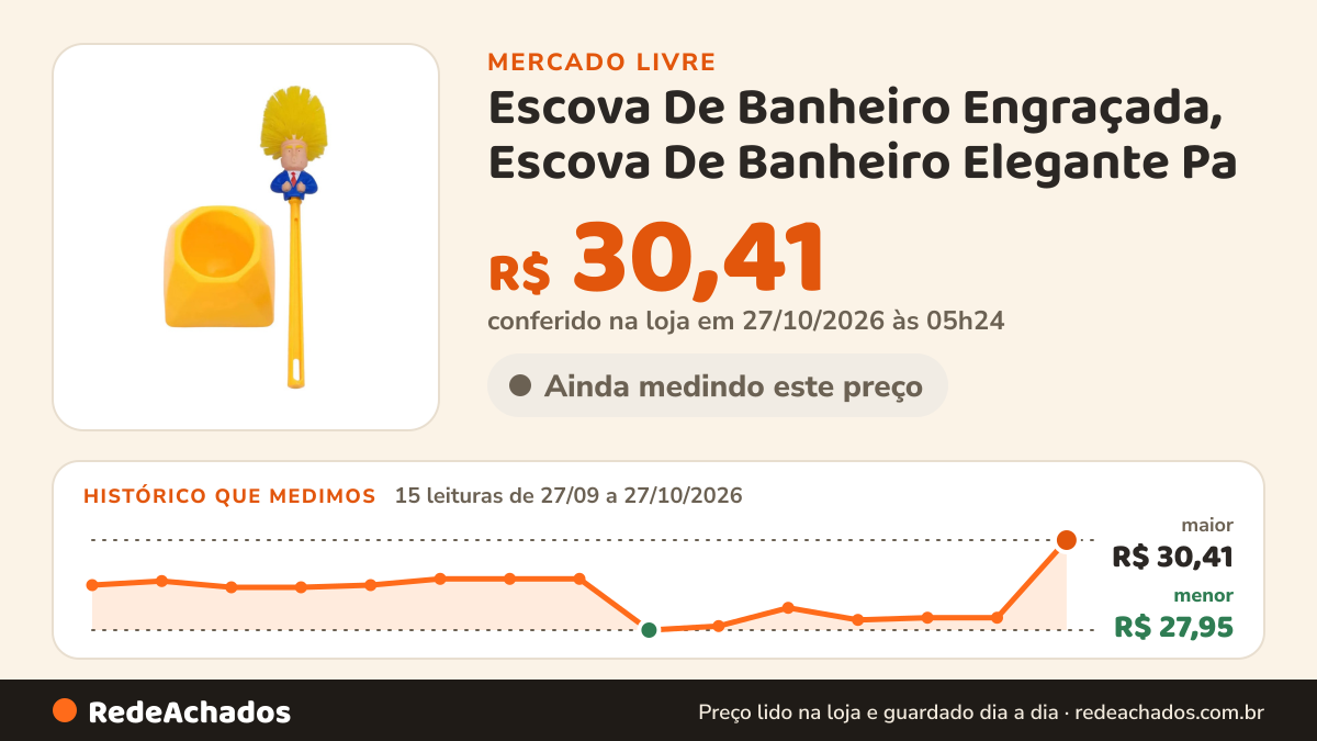 Histórico de preço de Escova De Banheiro Engraçada, Escova De Banheiro Elegante Pa no Mercado Livre: 15 leituras de 27/09/2026 a 27/10/2026, menor R$ 27,95, maior R$ 30,41; R$ 30,41 conferido em 27/10/2026 às 05h24