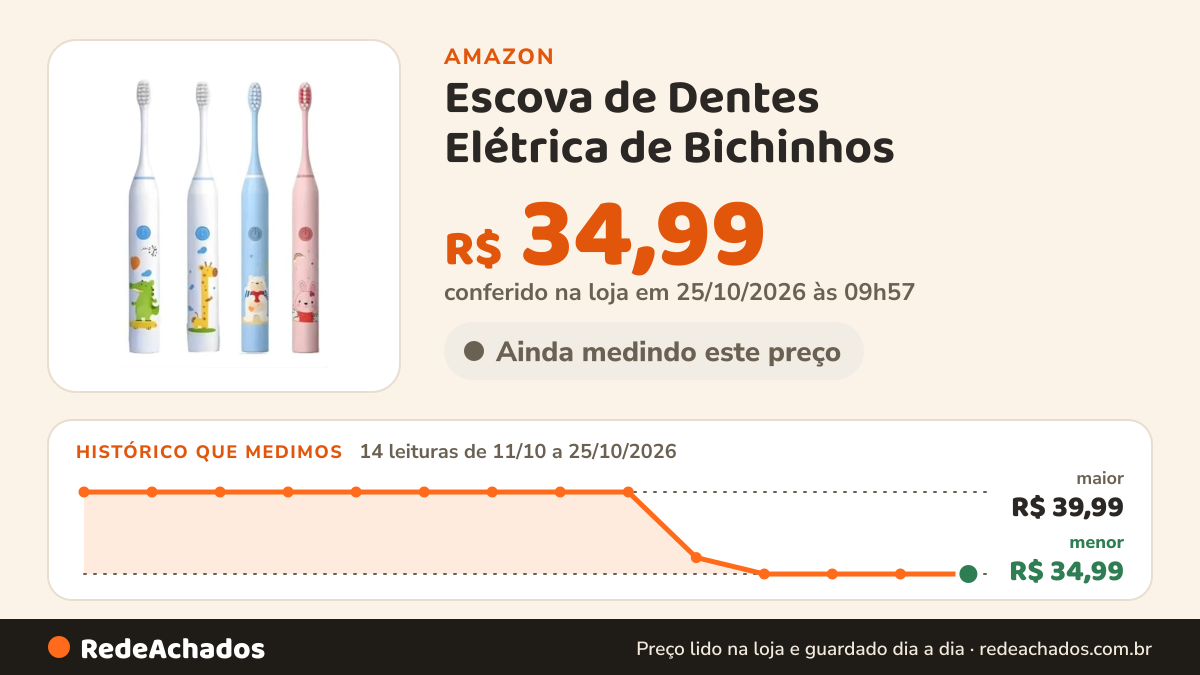 Histórico de preço de Escova de Dentes Elétrica de Bichinhos - Limpeza Suave e Divertida, Cabeça Compacta, Leve… na Amazon: 14 leituras de 11/10/2026 a 25/10/2026, menor R$ 34,99, maior R$ 39,99; R$ 34,99 conferido em 25/10/2026 às 09h57