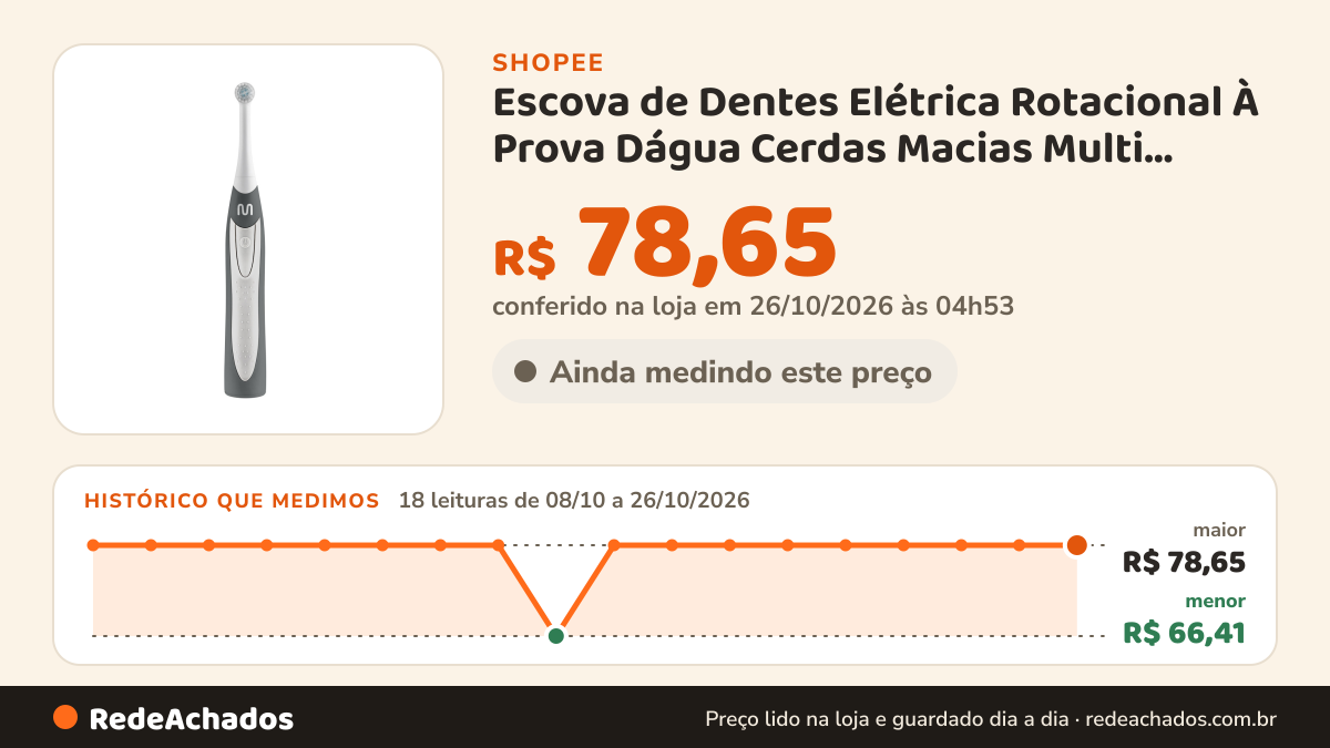 Histórico de preço de Escova de Dentes Elétrica Rotacional À Prova Dágua Cerdas Macias Multi Saúde - HC296 na Shopee: 18 leituras de 08/10/2026 a 26/10/2026, menor R$ 66,41, maior R$ 78,65; R$ 78,65 conferido em 26/10/2026 às 04h53