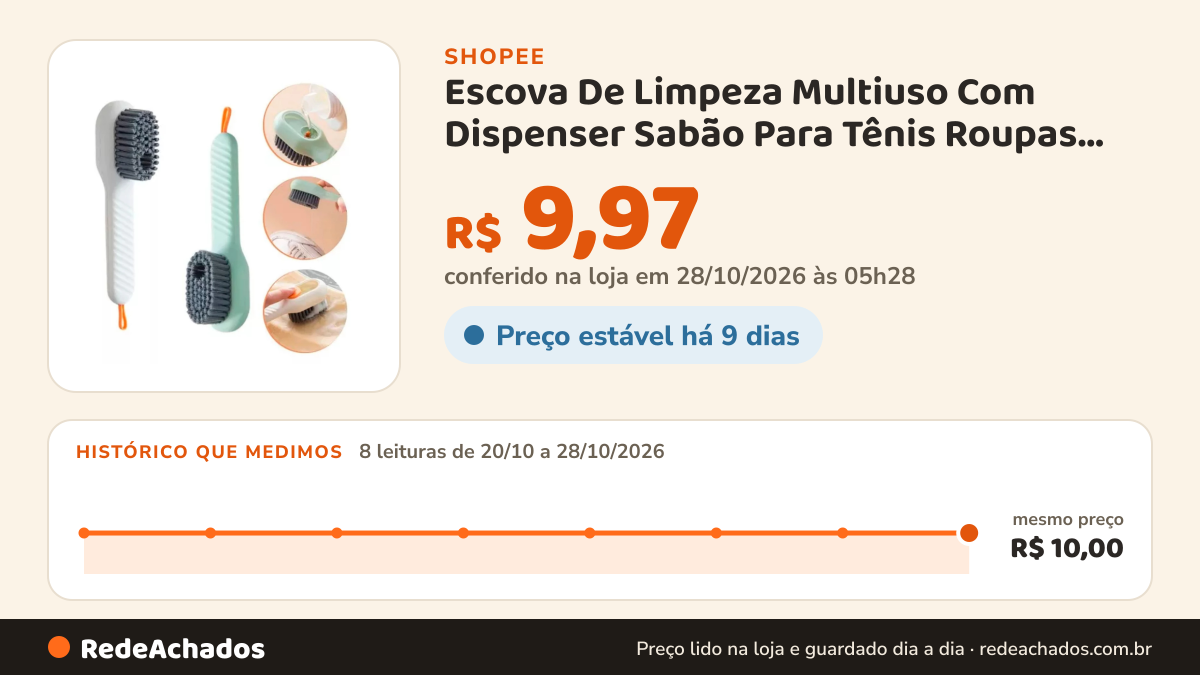 Histórico de preço de Escova De Limpeza Multiuso Com Dispenser Sabão Para Tênis Roupas Louças Calçados na Shopee: 7 leituras de 20/10/2026 a 27/10/2026, mesmo preço, R$ 10,00, em todas; R$ 9,97 conferido em 27/10/2026 às 04h39