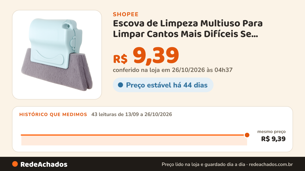 Histórico de preço de Escova de Limpeza Multiuso Para Limpar Cantos Mais Difíceis Se Surpreenda Com a Facilidade na Shopee: 43 leituras de 13/09/2026 a 26/10/2026, mesmo preço, R$ 9,39, em todas; R$ 9,39 conferido em 26/10/2026 às 04h37