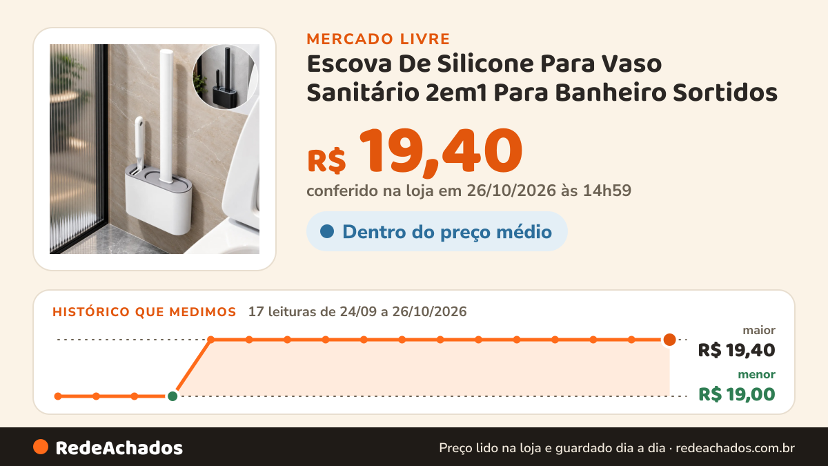 Histórico de preço de Escova De Silicone Para Vaso Sanitário 2em1 Para Banheiro Sortidos no Mercado Livre: 17 leituras de 24/09/2026 a 26/10/2026, menor R$ 19,00, maior R$ 19,40; R$ 19,40 conferido em 26/10/2026 às 14h59