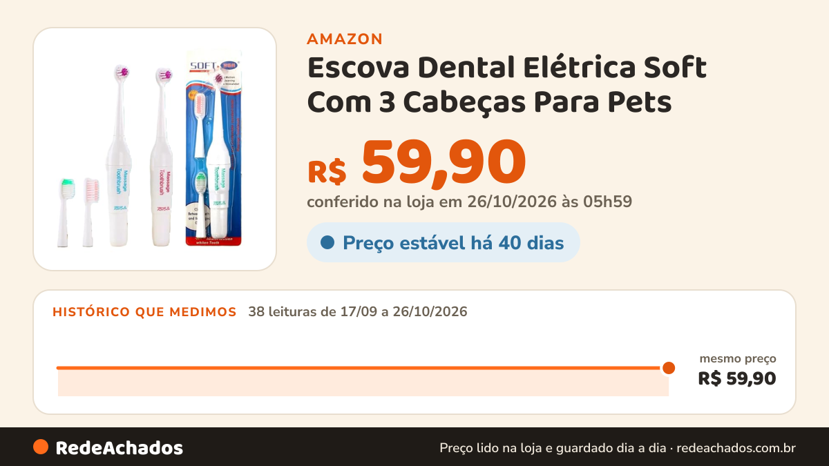 Histórico de preço de Escova Dental Elétrica Soft Com 3 Cabeças Para Pets na Amazon: 38 leituras de 17/09/2026 a 26/10/2026, mesmo preço, R$ 59,90, em todas; R$ 59,90 conferido em 26/10/2026 às 05h59